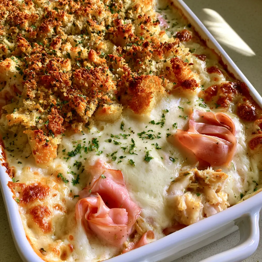Chicken Cordon Bleu Casserole with Toasted Herb Stuffing 2 Overhead 45-degree angle shot of Chicken Cordon Bleu Casserole with bubbling Swiss cheese sauce and toasted stuffing crumbs.
