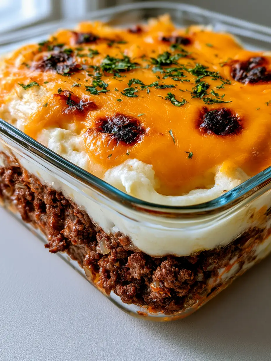 Handheld photo of a Meatloaf Mashed Potato Casserole with distinct beef, potato, and cheese layers.
