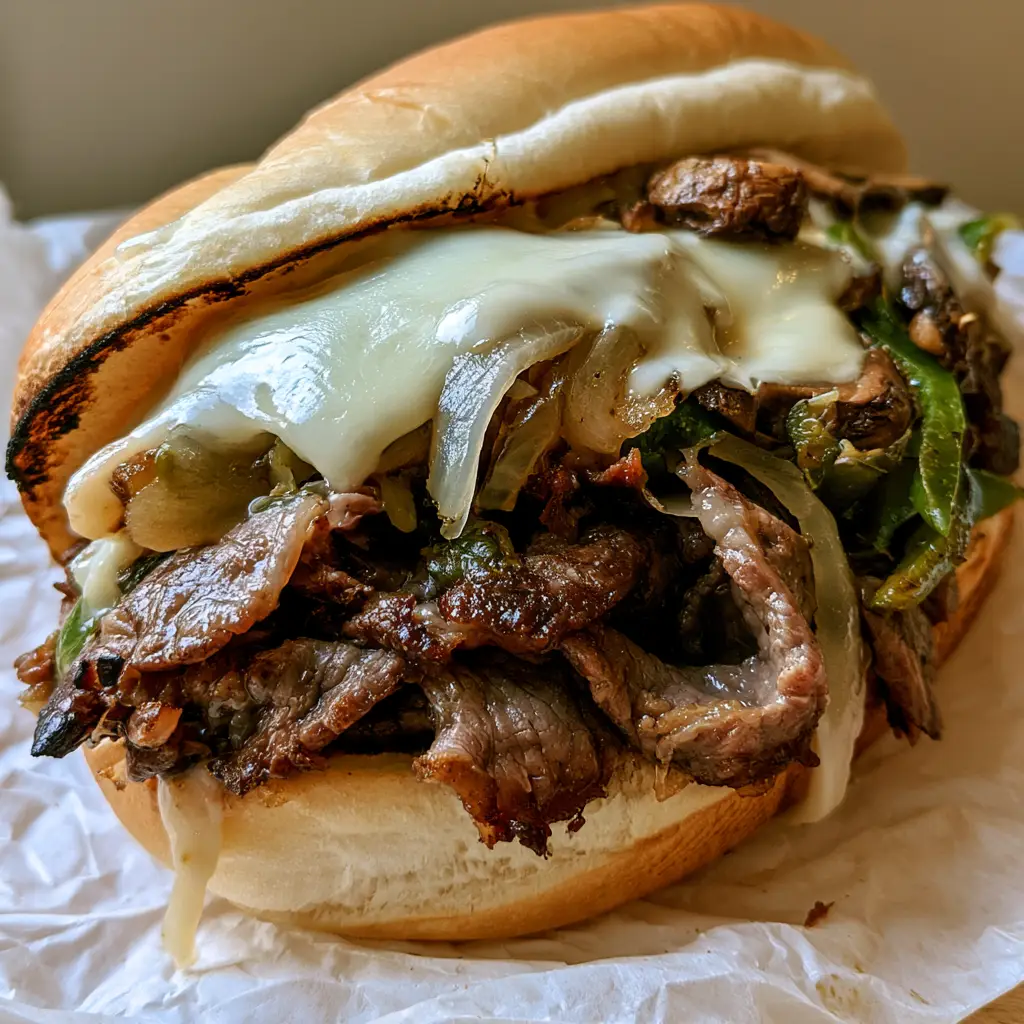 Philly Cheesesteak Recipe: The Ultimate Authentic Steak Sandwich 2 Close up of seared ribeye and melted provolone cheese on a Philly Cheesesteak Recipe sandwich. (Philly Cheesesteak Recipe)