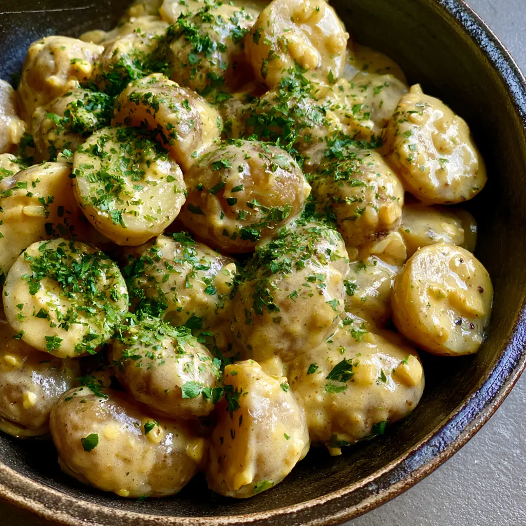 Creamy Garlic Potatoes: The Ultimate Velvety Side Dish Recipe 2 Top-down view of halved baby potatoes drenched in glossy garlic cream sauce in a dark bowl. (Creamy Garlic Potatoes)