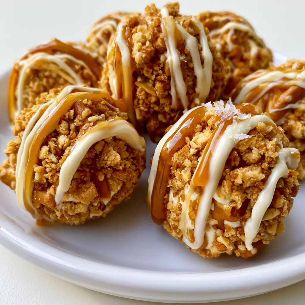 Salted Caramel Pretzel Cheesecake Bites (Easy No-Bake Recipe) 1 Salted Caramel Pretzel Cheesecake Bites arranged on a ceramic plate, showing the creamy filling and crunchy exterior.