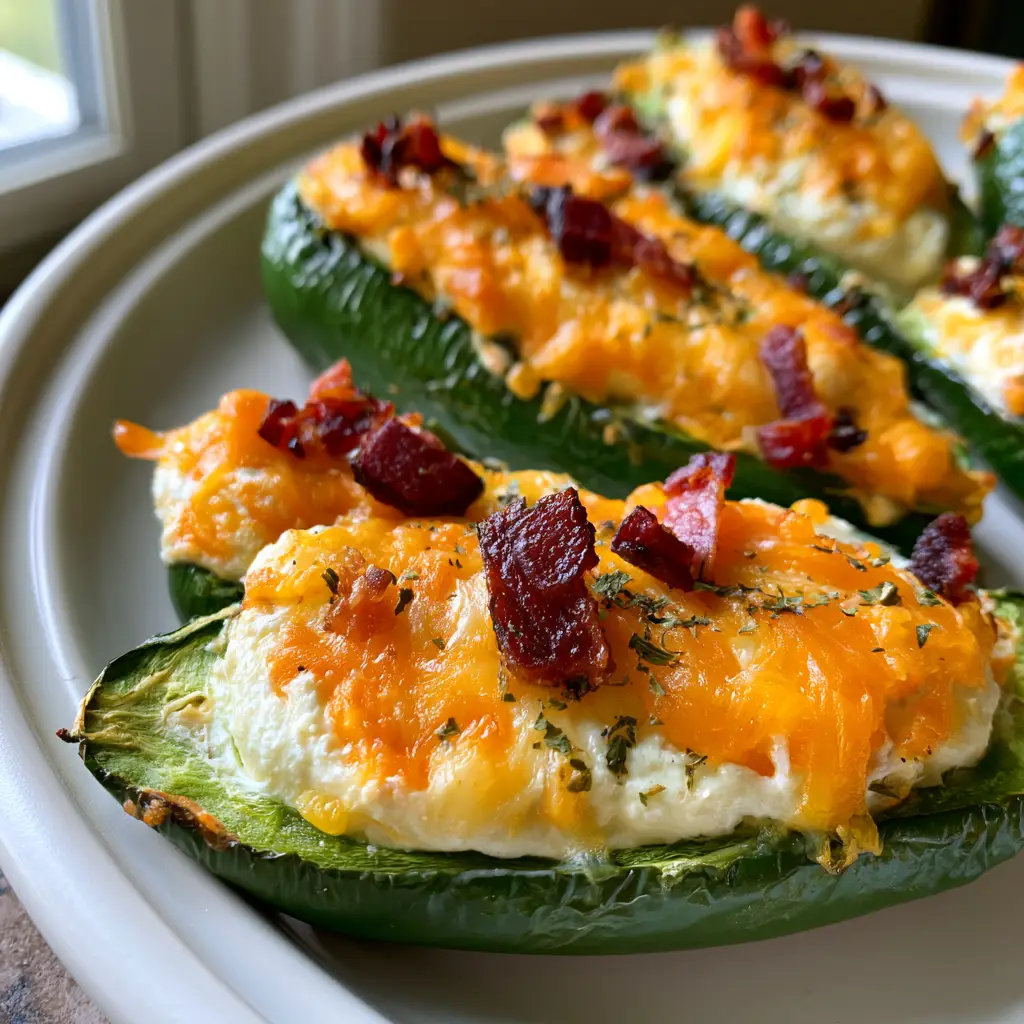 Jalapeño Poppers with Crispy Bacon and Melted Cheddar 1 Close up shot of blistered green jalapeño halves filled with smooth cream cheese and topped with dried parsley flakes.