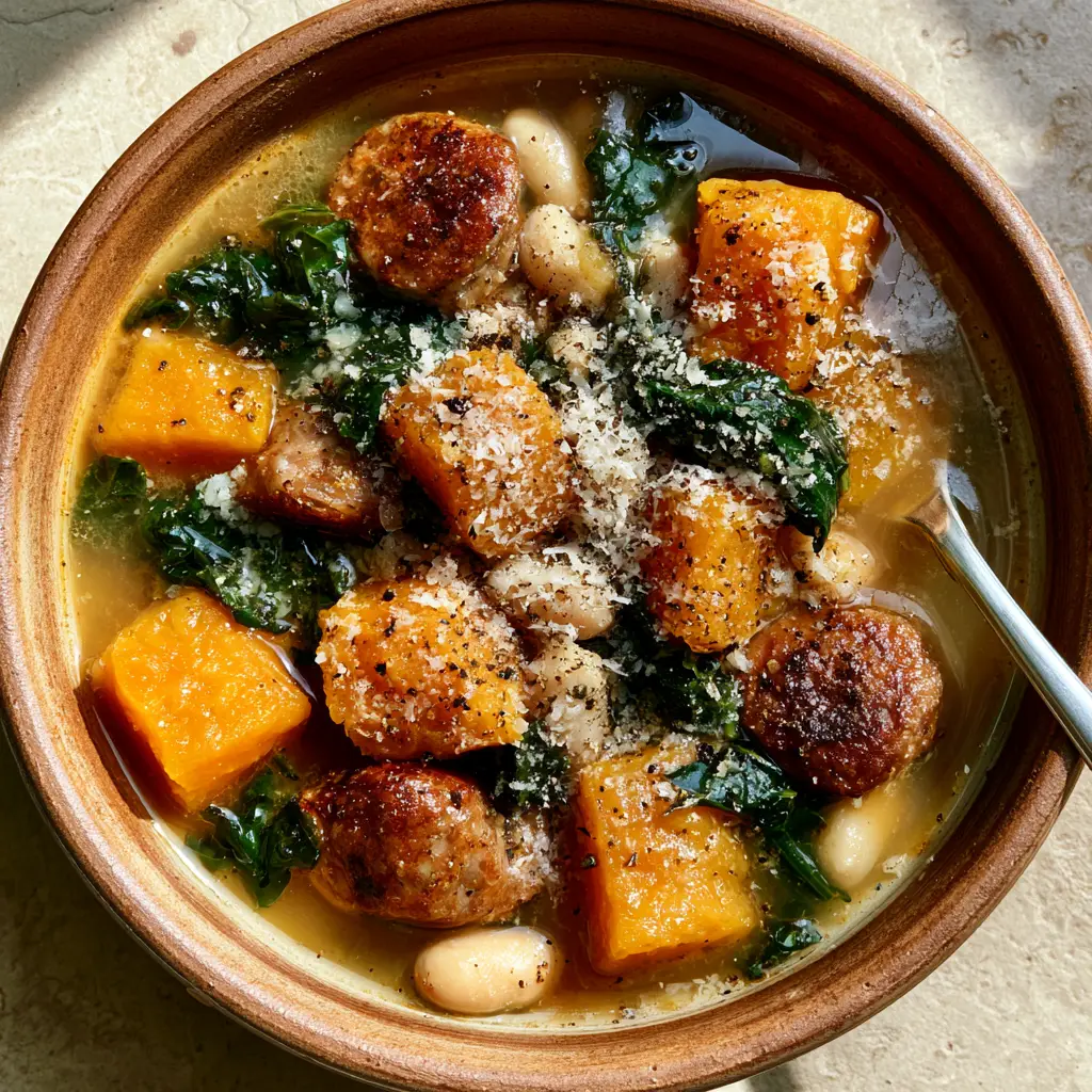 Sausage and Butternut Squash Soup with Kale and Cannellini Beans 1 A rustic bowl of Sausage and Butternut Squash Soup garnished with parmesan cheese and cracked black pepper.