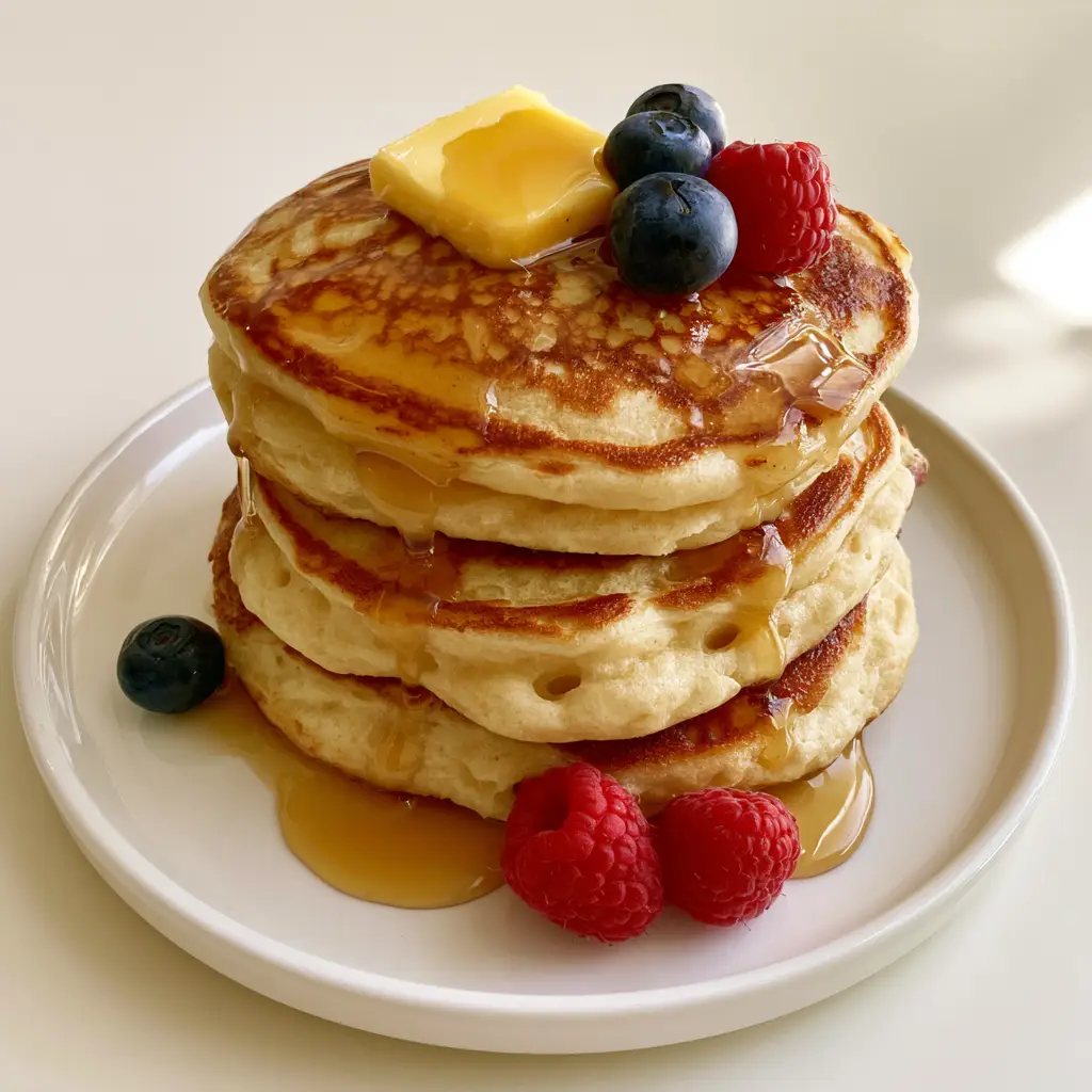 Fluffy Homemade Pancakes: The Ultimate Thick and Airy Recipe 1 A smartphone-style photo of a stack of Fluffy Homemade Pancakes with amber syrup dripping down the sides.