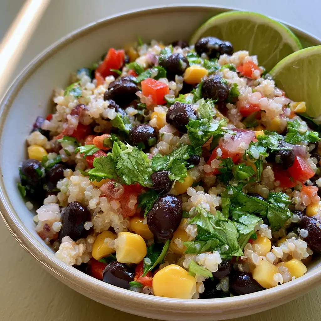 Sweet Corn and Black Bean Quinoa Salad: The Ultimate Healthy Lunch 1 A vibrant ceramic bowl filled with Sweet Corn and Black Bean Quinoa Salad featuring glossy beans and a thin lime dressing sheen.