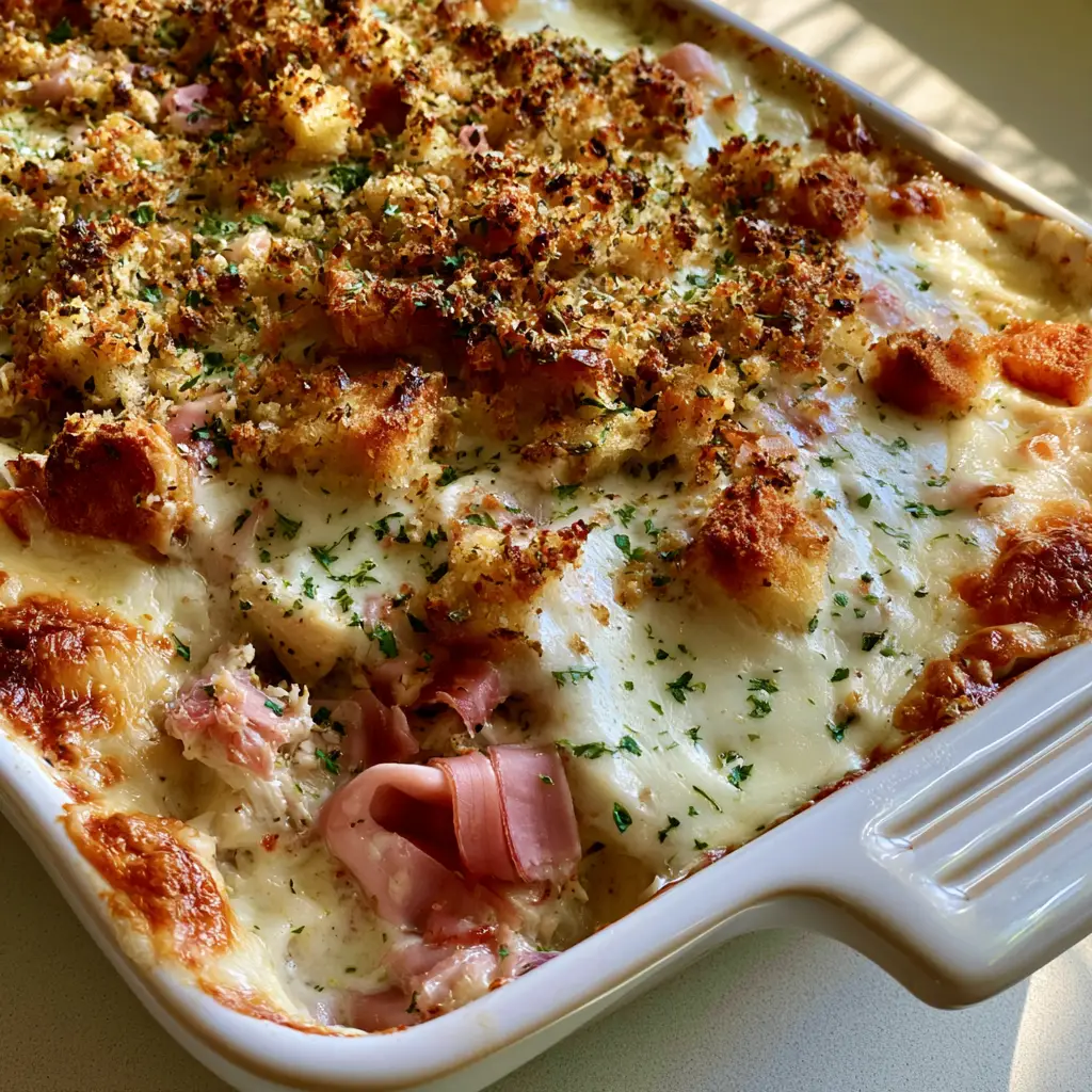 Chicken Cordon Bleu Casserole with Toasted Herb Stuffing 1 Close up of Chicken Cordon Bleu Casserole showing shredded chicken and ham submerged in white sauce.
