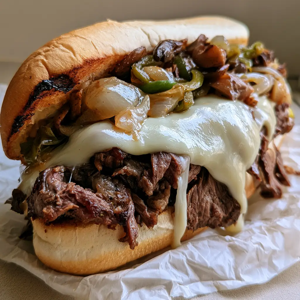 Philly Cheesesteak Recipe: The Ultimate Authentic Steak Sandwich 1 A Philly Cheesesteak Recipe sandwich showing sautéed green peppers and translucent onions tucked under melted cheese.