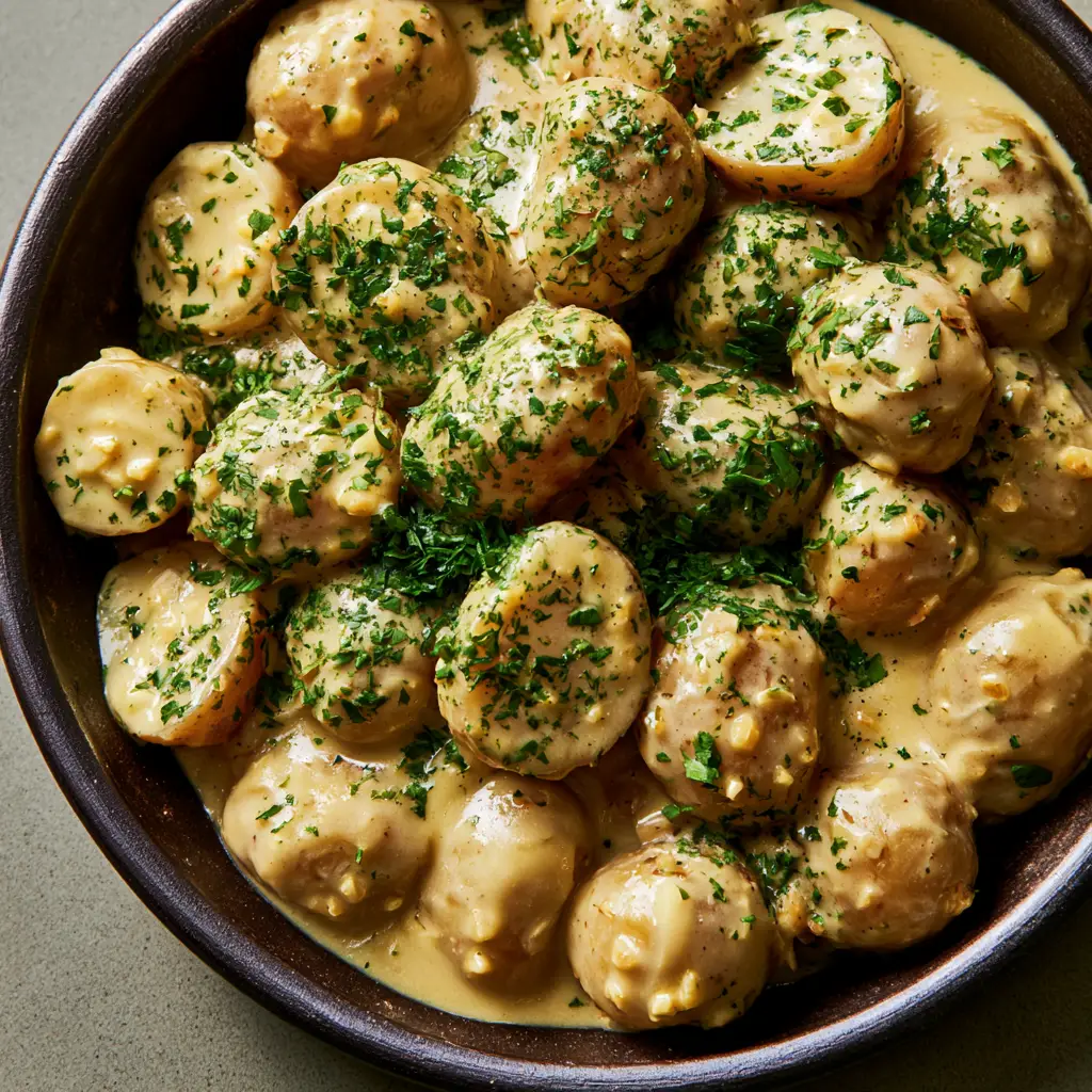 Creamy Garlic Potatoes: The Ultimate Velvety Side Dish Recipe 1 Detailed shot of minced garlic bits and fresh parsley on Creamy Garlic Potatoes.