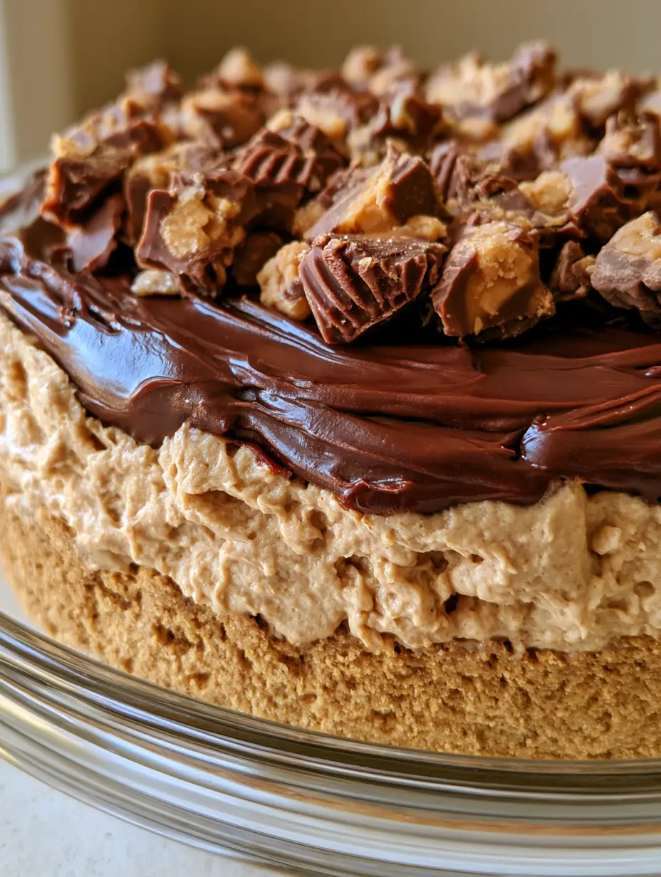 Close up of No-Bake Heaven In A Bowl showing the thick golden-brown graham cracker crust and light tan peanut butter mousse layer.