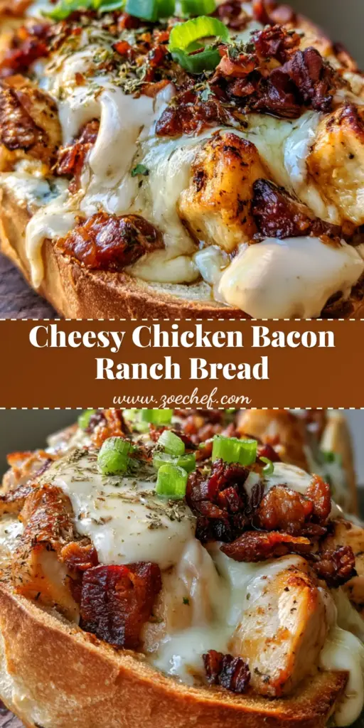Chicken Bacon Ranch Bread: The Ultimate Cheesy Stuffed Loaf 3 A long, overflowing French bread loaf stuffed with melted mozzarella, golden chicken, and crispy bacon, drizzled with ranch and topped with green onions. (Chicken Bacon Ranch Bread)