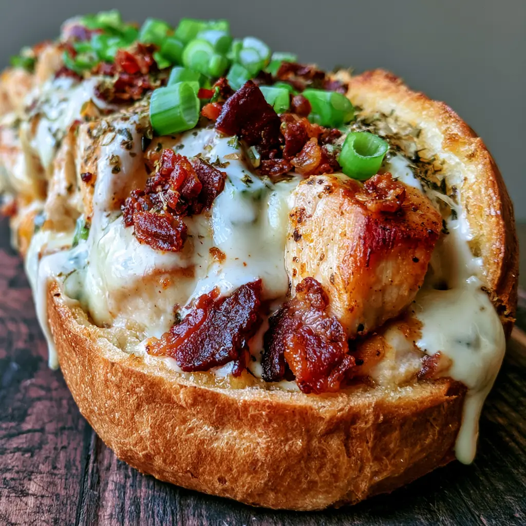 Chicken Bacon Ranch Bread: The Ultimate Cheesy Stuffed Loaf 2 A handheld slice of toasted Chicken Bacon Ranch Bread showing gooey melted cheese and crispy bacon textures. (Chicken Bacon Ranch Bread)