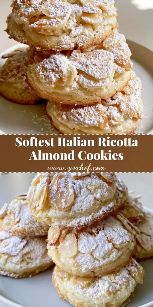 Italian Ricotta Cookies: Soft, Pillowy, and Toasted Almond Bliss 4 A tall stack of soft Italian Ricotta Cookies topped with toasted sliced almonds and a thick dusting of powdered sugar on a white ceramic plate.