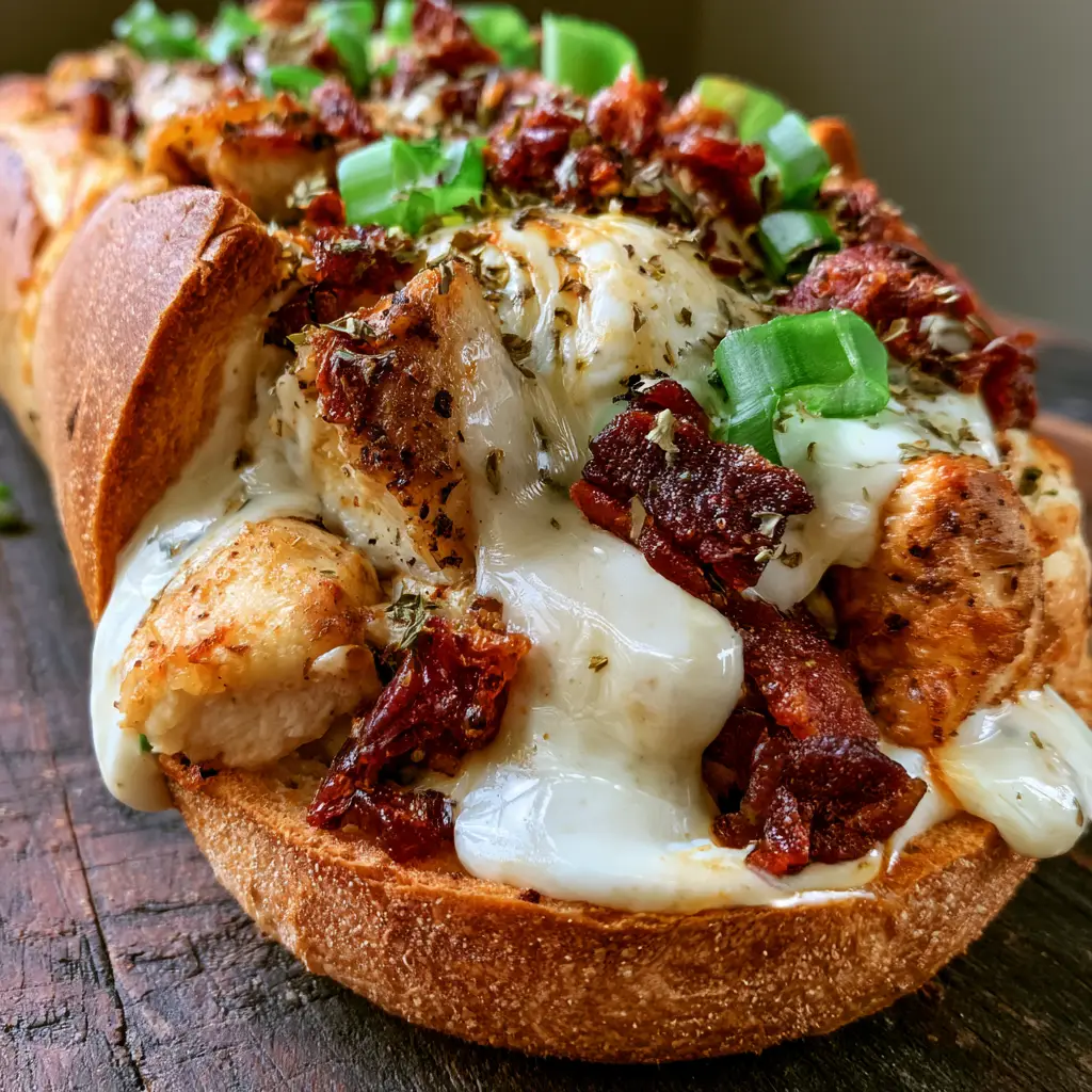 Chicken Bacon Ranch Bread: The Ultimate Cheesy Stuffed Loaf 1 Close-up of the creamy ranch drizzle and blistered mozzarella on top of a Chicken Bacon Ranch Bread loaf.
