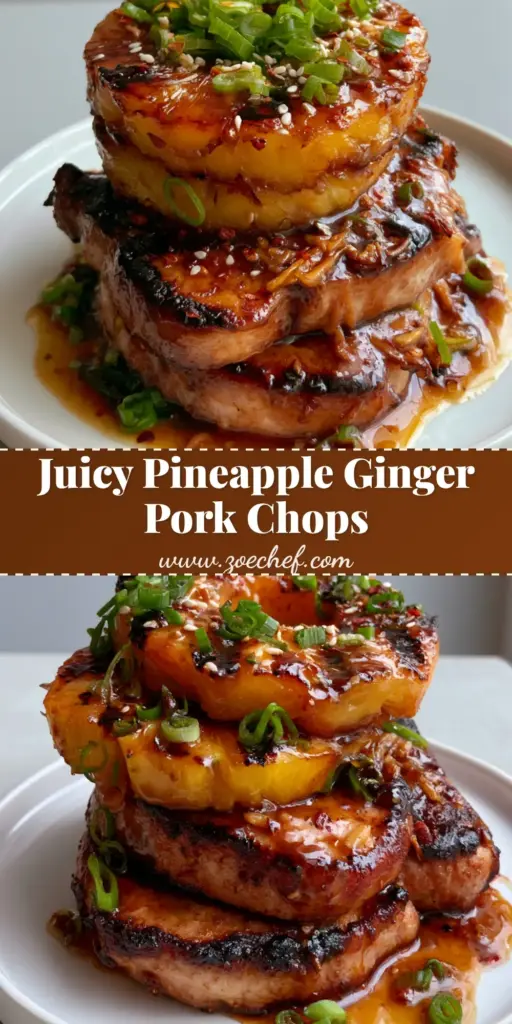 A top-down view of two seared boneless pork chops topped with grilled pineapple rings and drenched in a glossy amber pineapple-ginger glaze, garnished with green onions and sesame seeds. (Pineapple Ginger Pork Chops)