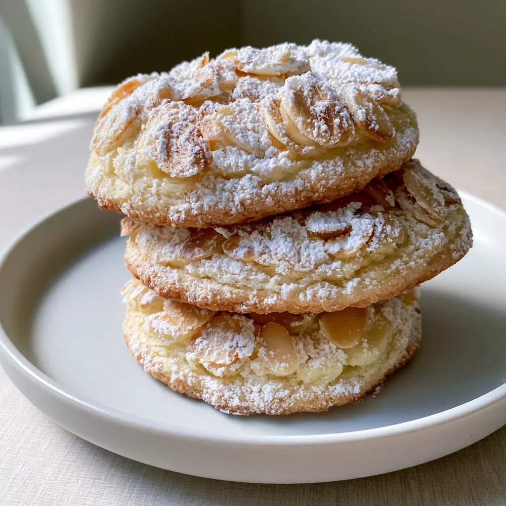 Close-up handheld photo of thick and round Italian Ricotta Cookies with a pale crumb and golden almond topping.