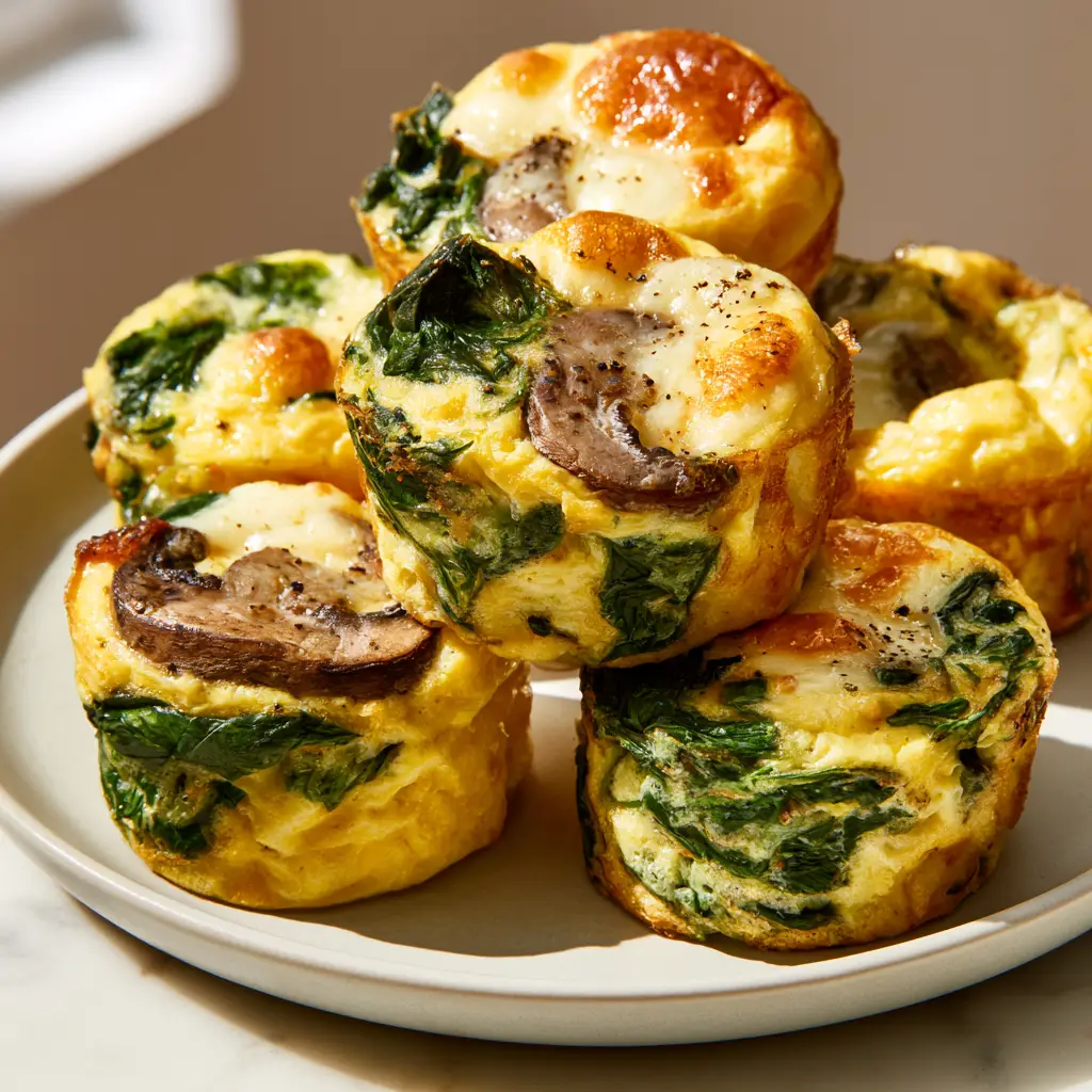 Close-up of golden-brown Crustless Spinach Mushroom Quiche Muffins showing visible folds of wilted spinach and earthy mushrooms.