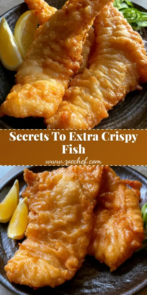 Crispy Fried Fish Recipe: The Secret to Golden Bubbly Batter 3 A close-up shot of three golden-brown fried fish fillets with craggy bubbly batter on a dark stoneware plate. (Crispy Fried Fish Recipe)
