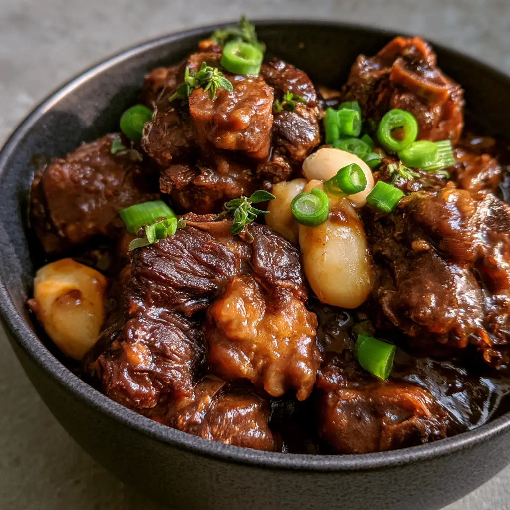 Jamaican Oxtail Recipe: The Ultimate Guide to Fall-Off-The-Bone Perfection 2 Close-up of succulent Jamaican oxtail meat fibers and glistening fat in a thick brown gravy. (Jamaican Oxtail Recipe)