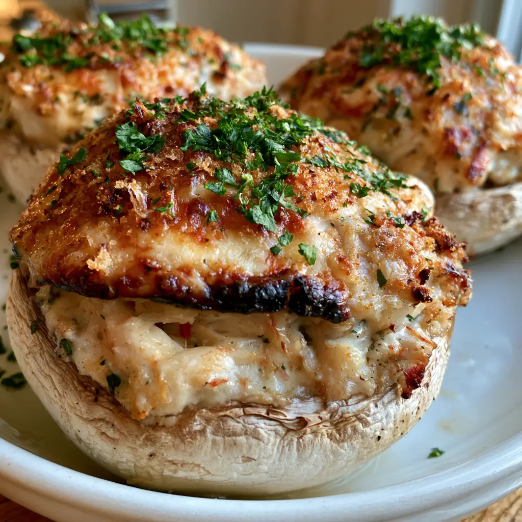 Crab Stuffed Mushrooms with Toasted Parmesan Breadcrumb Crust 2 Close-up of baked Crab Stuffed Mushrooms showing the dense lump crab filling and toasted breadcrumb topping.