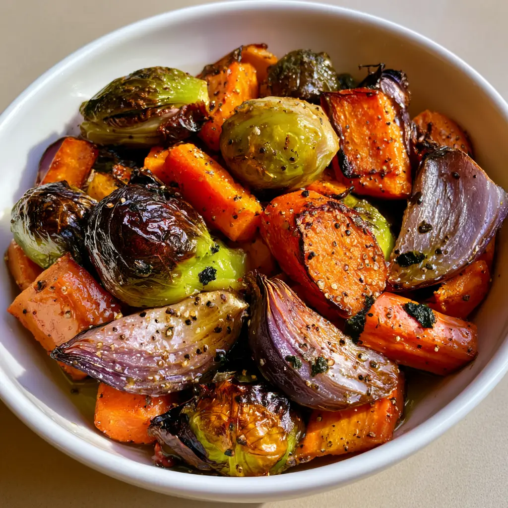 Oven Roasted Vegetables: The Ultimate Crispy & Caramelized Guide 2 High-angle view of Oven Roasted Vegetables with visible herb flakes and cracked black pepper.
