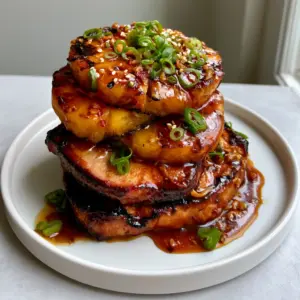 Close-up of seared pork chops and grilled pineapple rings with visible charred edges and a thick amber reduction sauce. (Pineapple Ginger Pork Chops)