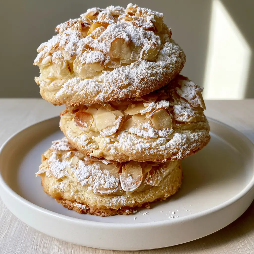 Italian Ricotta Cookies: Soft, Pillowy, and Toasted Almond Bliss 1 Italian Ricotta Cookies arranged on a minimalist matte white plate showing the texture of toasted blanched almonds.