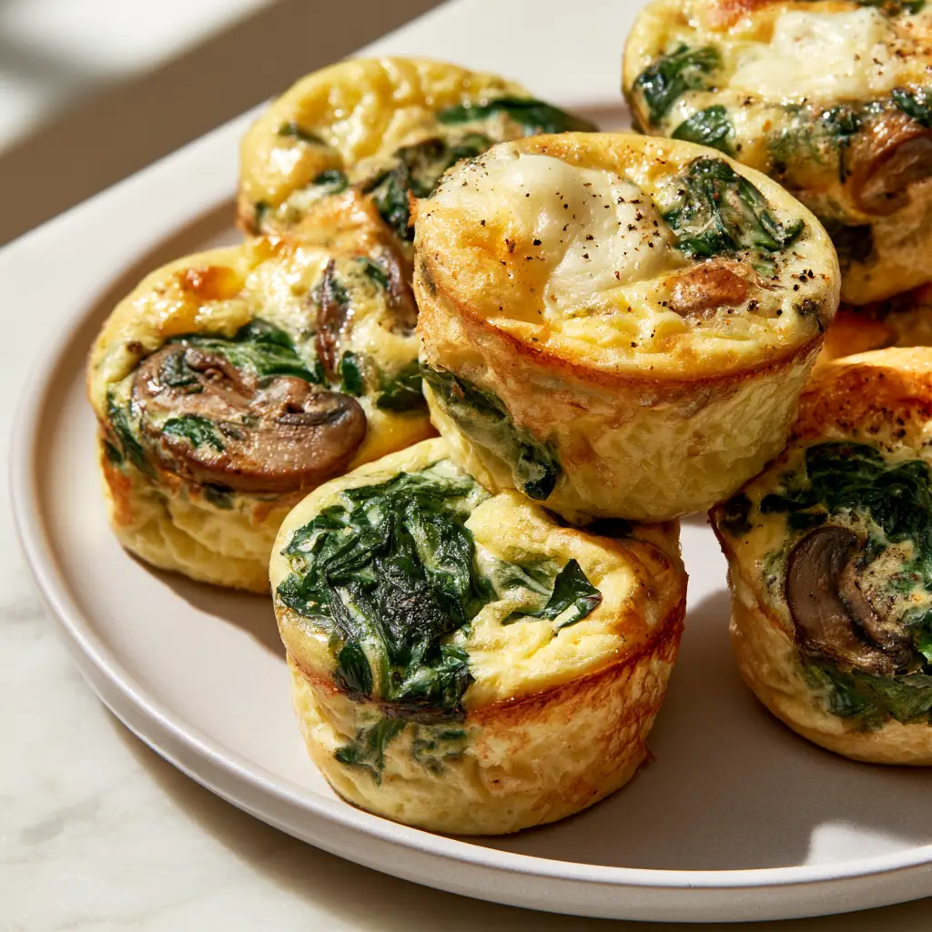 Crustless Spinach Mushroom Quiche Muffins: The Ultimate Meal Prep Breakfast 1 Several fluffy crustless egg muffins with blistered mozzarella cheese on a neutral light-colored plate.