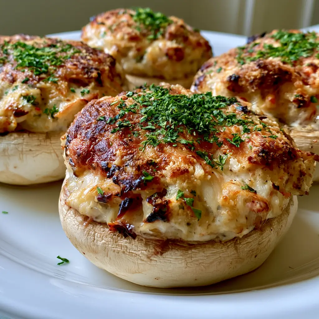 Crab Stuffed Mushrooms with Toasted Parmesan Breadcrumb Crust 1 Top view of Crab Stuffed Mushrooms on a white plate with visible charred parmesan edges and green parsley flakes.