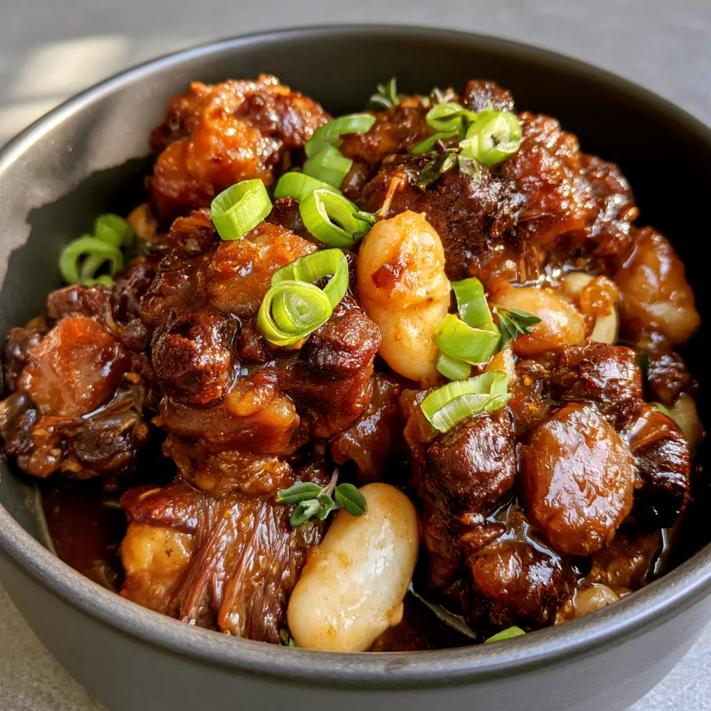 Jamaican Oxtail Recipe: The Ultimate Guide to Fall-Off-The-Bone Perfection 1 Braised Jamaican oxtail pieces with creamy white butter beans and fresh green scallion garnish in a charcoal bowl.