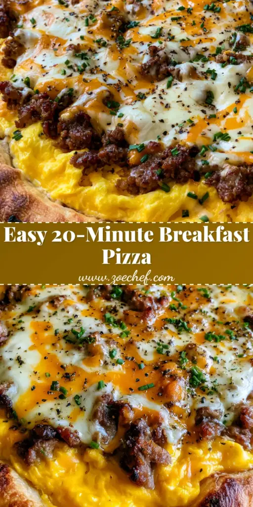 A handheld smartphone photo of a homemade breakfast pizza on a wooden cutting board with golden-brown crust, soft scrambled eggs, and browned sausage. (Breakfast Pizza)
