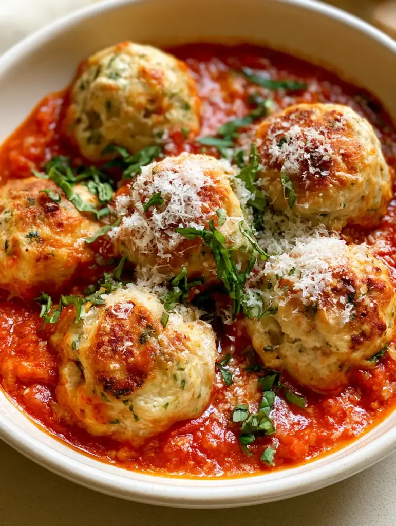 Chicken Ricotta Meatballs: The Juiciest Baked Italian Meatballs 1 Close-up of baked chicken meatballs showing green herb flecks and parmesan cheese dusting.