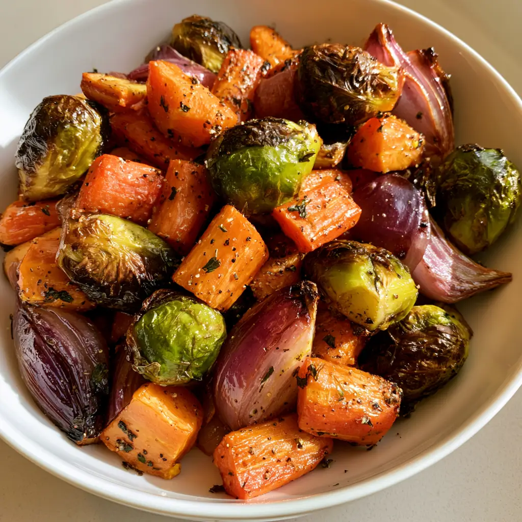 Oven Roasted Vegetables: The Ultimate Crispy & Caramelized Guide 1 Soft daylight illuminating a bowl of Oven Roasted Vegetables with translucent red onion wedges.