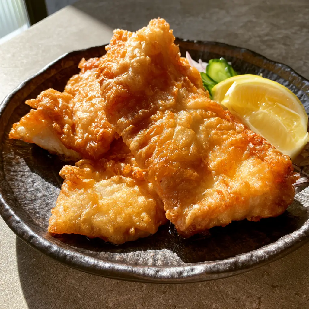 Crispy Fried Fish Recipe: The Secret to Golden Bubbly Batter 2 A handheld smartphone photo of three large deep-fried fish fillets on a dark plate with lemon wedges and cucumbers. (Crispy Fried Fish Recipe)