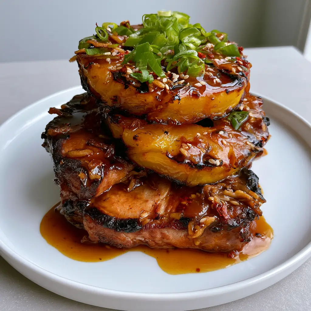 Two thick boneless pork chops layered with pineapple rings, drenched in a glossy dark amber sauce, showing minced ginger and red pepper flakes.