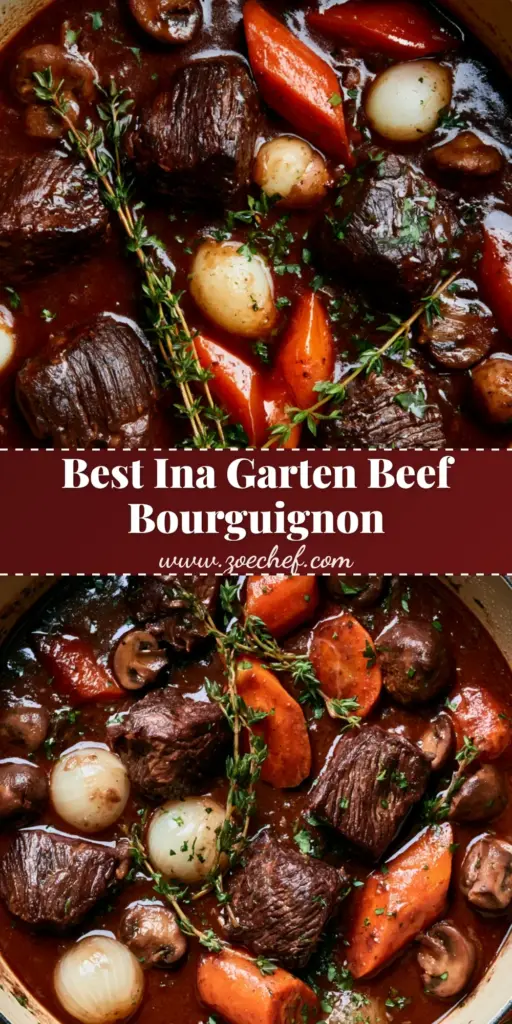 Ina Garten Beef Bourguignon: The Ultimate Cozy French Comfort Food 3 A close-up overhead shot of Ina Garten Beef Bourguignon in an orange Dutch oven with thick mahogany sauce and fresh thyme.
