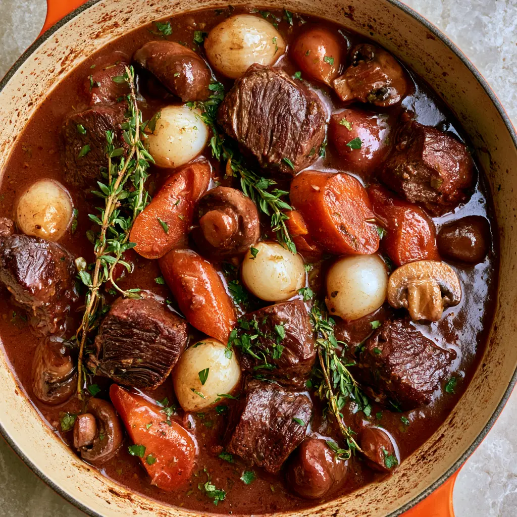Ina Garten Beef Bourguignon: The Ultimate Cozy French Comfort Food 2 Close-up of seared beef chunks submerged in a deep mahogany-colored gravy. (Ina Garten Beef Bourguignon)