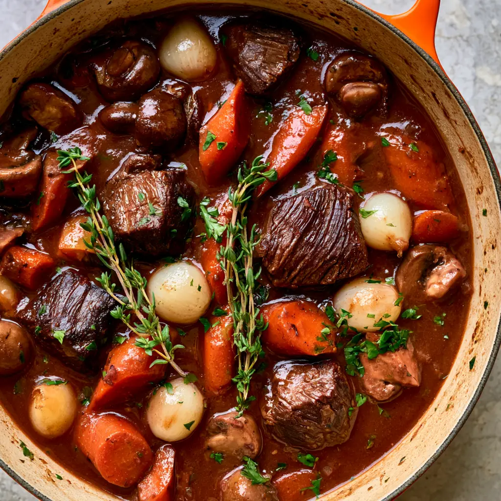 Ina Garten Beef Bourguignon: The Ultimate Cozy French Comfort Food 1 Whole pearl onions and diagonal carrots in a thick red wine sauce garnished with thyme.