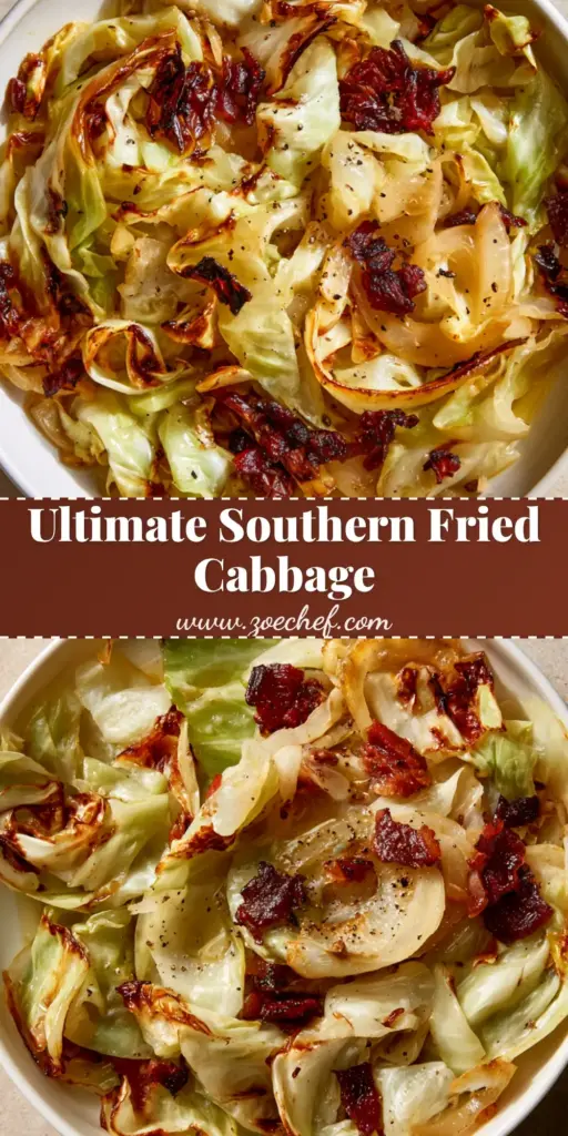 Southern Fried Cabbage with Crispy Bacon and Butter 3 A top-down view of a shallow white ceramic bowl filled with Southern Fried Cabbage, featuring charred edges, crispy bacon, and a glossy butter sheen.