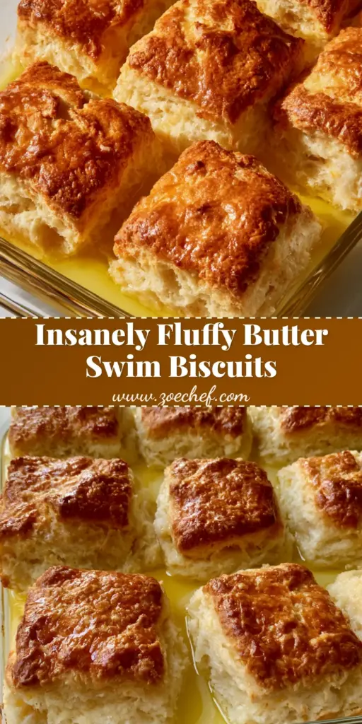 A 3x3 grid of thick square-cut Butter Swim Biscuits in a glass baking dish surrounded by melted butter.