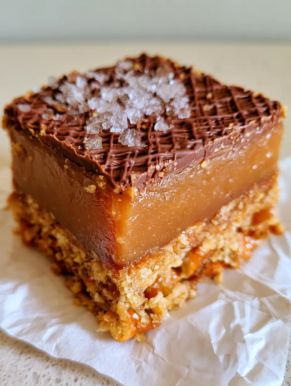 A close-up high-angle shot of a square dessert bar showing distinct layers of crushed pretzels, amber caramel, and dark chocolate drizzle. (No-Bake Salted Caramel Pretzel Bars)