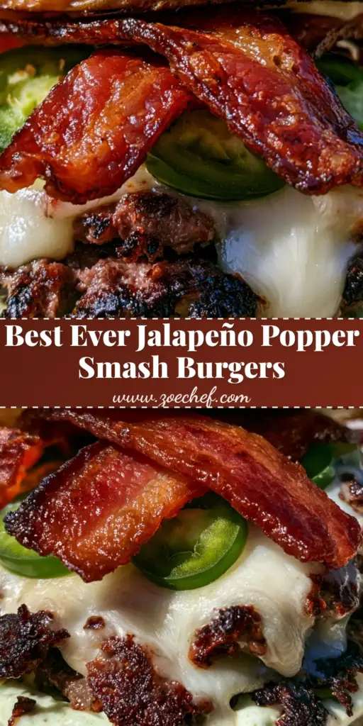 Jalapeño Popper Smash Burgers with Crispy Bacon 4 A handheld Jalapeño Popper Smash Burger with charred beef, melted pepper jack cheese, crispy bacon, and fresh jalapeños on a brioche bun.
