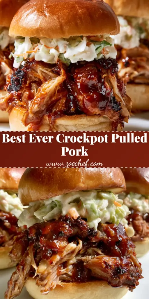 Crockpot BBQ Pulled Pork Sliders with Creamy Coleslaw 4 A stack of three Crockpot BBQ Pulled Pork sliders with dark glossy sauce and creamy white coleslaw on a white plate.