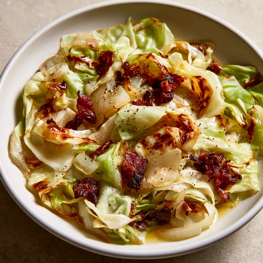 Southern Fried Cabbage with Crispy Bacon and Butter 2 Close up of sautéed green cabbage ribbons with charred edges and crispy reddish-brown bacon in a white bowl. (Southern Fried Cabbage)