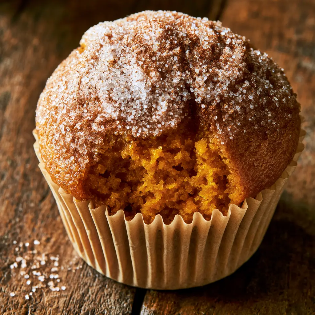 Detailed view of the heavily encrusted cinnamon sugar topping on a domed Cinnamon Sugar Pumpkin Muffin.