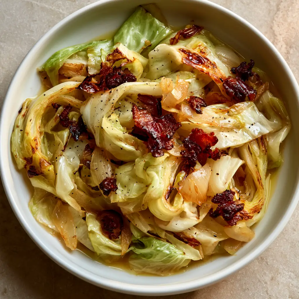 Southern Fried Cabbage with Crispy Bacon and Butter 1 Southern Fried Cabbage seasoned with coarse black pepper and served in a ceramic bowl on a stone countertop.