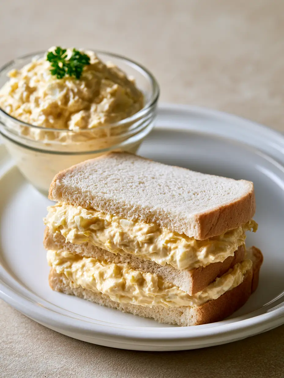 Southern Chicken Salad Recipe: The Ultimate Creamy Sandwich Filling 3 Close-up of a handheld smartphone photo showing two rectangular crustless sandwiches filled with thick, pale-yellow chicken salad. (Southern Chicken Salad Recipe)