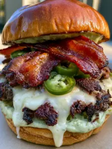Close up view of charred smash beef patties with gooey melted pepper jack cheese and fresh jalapeños. (Jalapeño Popper Smash Burgers)