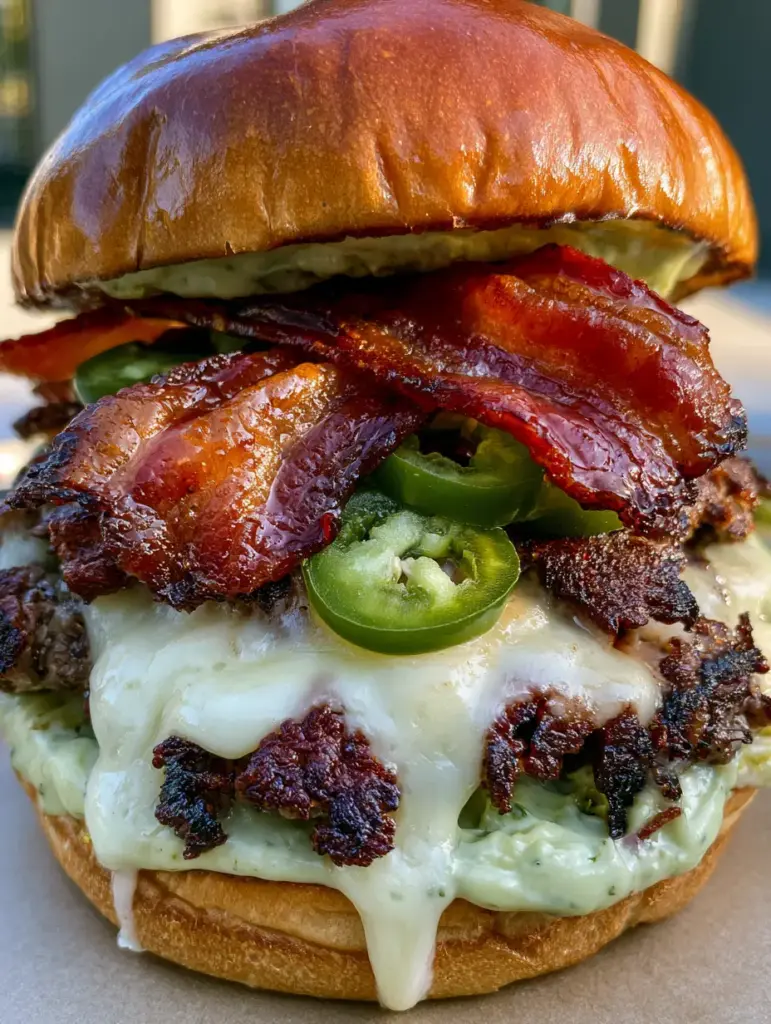 Jalapeño Popper Smash Burgers with Crispy Bacon 2 Close up view of charred smash beef patties with gooey melted pepper jack cheese and fresh jalapeños. (Jalapeño Popper Smash Burgers)
