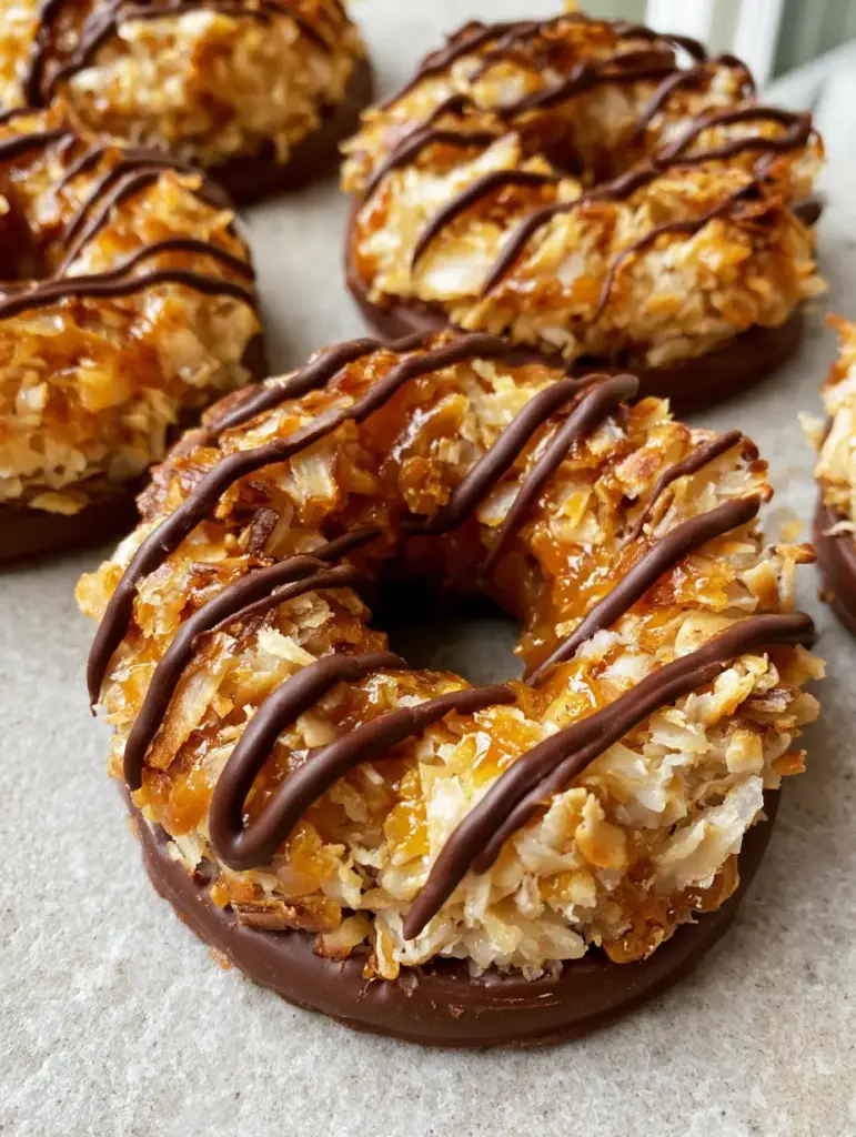 Handheld photo of a ring-shaped No-Bake Samoa Cookie showing the thick dark chocolate base and golden coconut shreds.