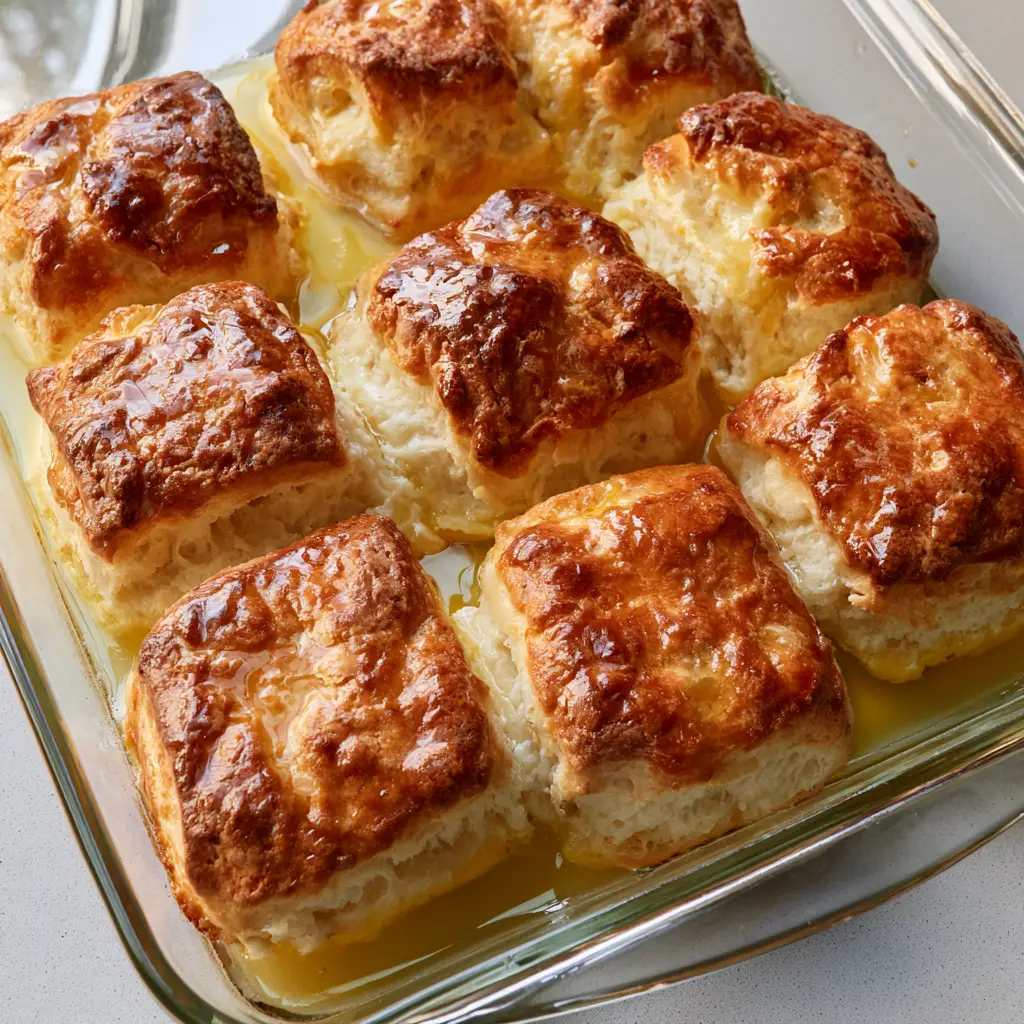 Butter Swim Biscuits in a shallow pool of liquid yellow melted butter in a rectangular glass pan.